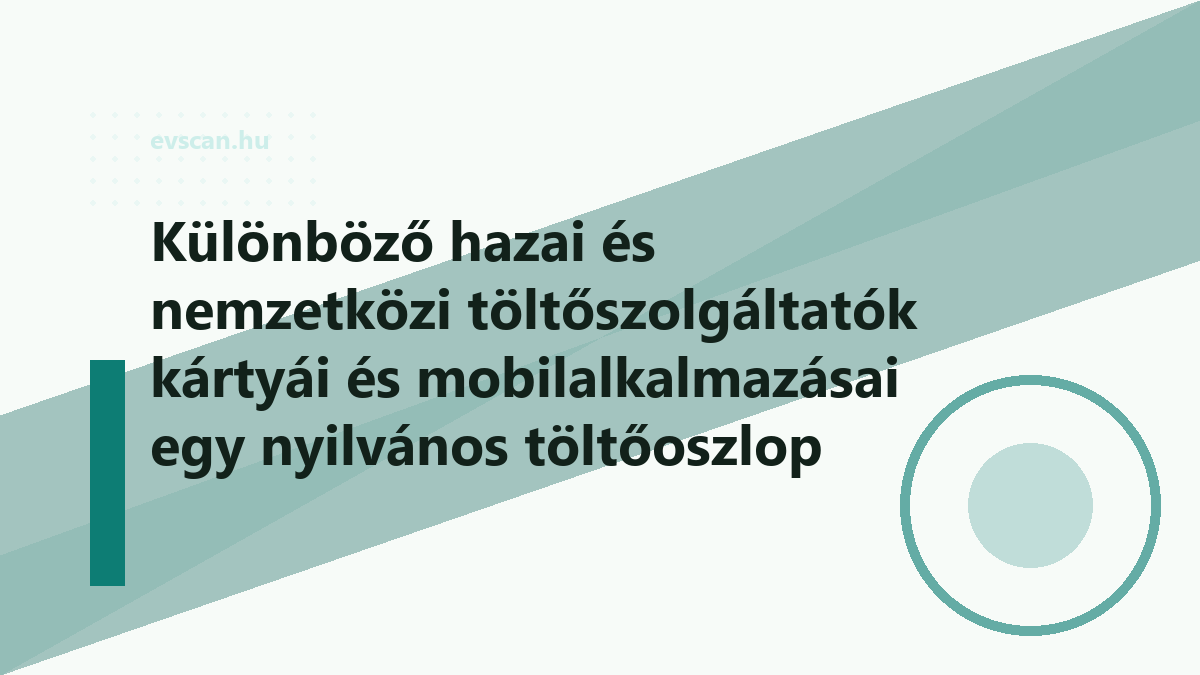 Különböző hazai és nemzetközi töltőszolgáltatók kártyái és mobilalkalmazásai egy nyilvános töltőoszlop mellett közelről
